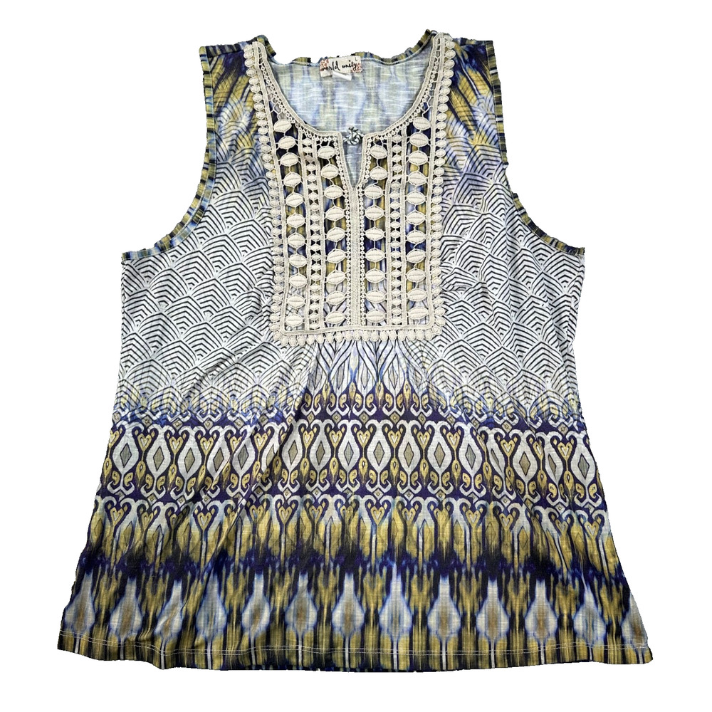 World Unity Lace Trim Sleeveless Tank Top Women's Large Blue Green Mixed Print